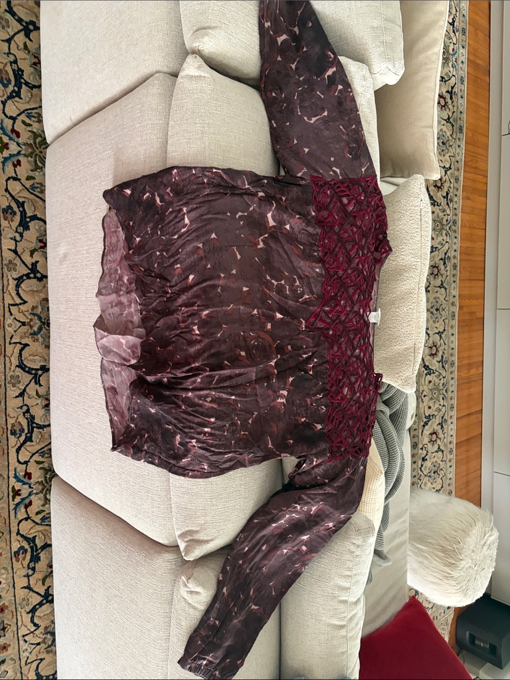 Hanro Burgundy Patterned Smocked Yoke Blouse